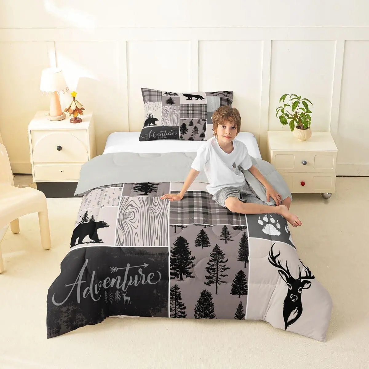 Rustic Wolf Bear Comforter Set,Country Cabin Bedding Set for Kids Boys Teens Bedroom Decor Bear Deer Patchwork Duvet Insert Woodland Animal Farmhouse Down Comforter,Brown
