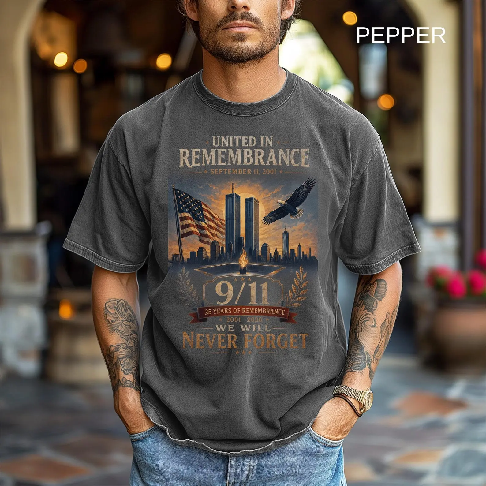 United in Remembrance Comfort Colors T-Shirt, September 11 Memorial Graphic, Never Forget Patriotic Tribute, 911 Honor and Remembrance Tee
