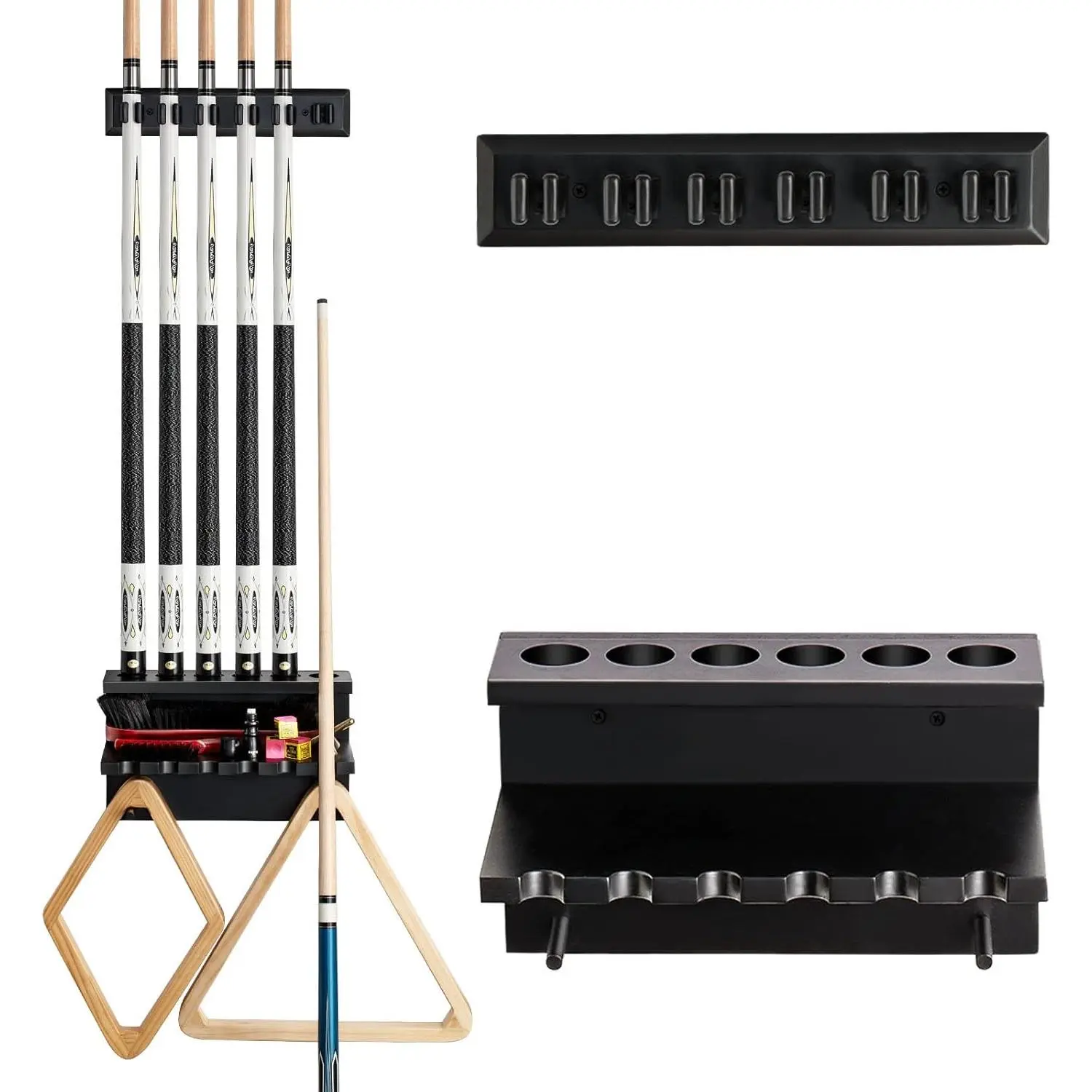 Wall Mount Pool Stick Holder - Billiards Pool Cue Rack Hardwood Pool Cue Set Holder for 6 Cues Sticks Storage Pool Table Accessories Equipment Organizer
