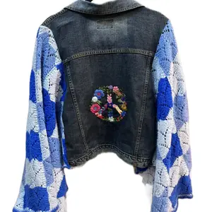 Upcycled Hand Embroidery Peace Sign Denim Jacket Blue Bell Sleeve XL