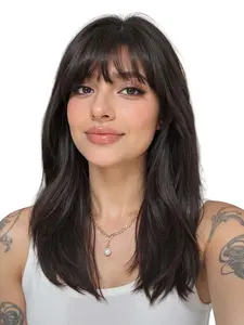 18 Inch Deep Wave Wig with Bangs, Medium Length Curly Synthetic Hair, Natural Look, Easy Care, Suitable for All Ages, Curly Wigs