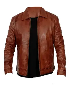 MotorCycleJackets Men’s Shirt Collar Brown Racer Leather Jacket