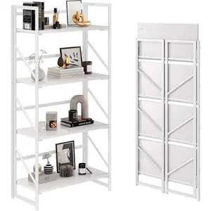 No Assembly Folding Bookshelf, 4 Tier Industrial Metal Book Shelf for Storage, Vintage Wood Foldable Bookcase for Living Room, Bedroom, Office Organization Shelves