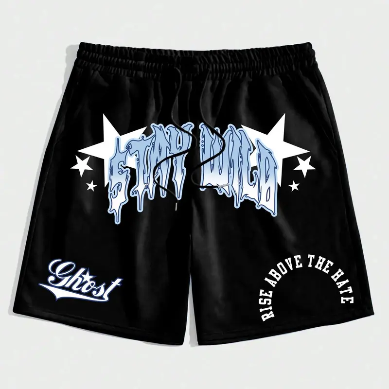 Men's Letter & Star Print Drawstring Waist Shorts, Graphic Print Shorts, Regular Fit Casual Comfy Breathable Printed Shorts for Summer, Men's Bottoms for Daily Wear