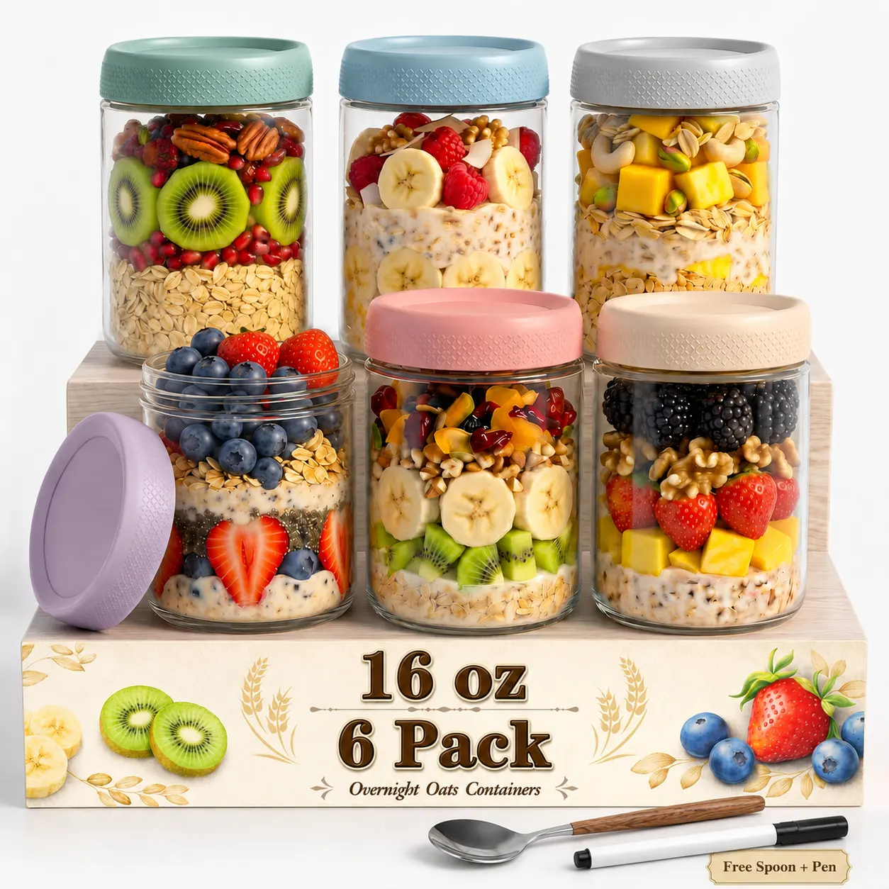 AISOON 6-Pack 16 oz Wide-Mouth Glass Overnight Oats Containers - Airtight Leakproof Stackable Reusable Preserving Jars, Microwave-Safe Modern Storage Containers for Meal Prep, Yogurt, Oats, Snacks, Airtight Freshness
