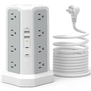 US 4-Layer Tower Power Strip with 3M Extension Cord & PD Fast Charging – 16 Outlets Multi Plug Charging Station for Home, Office & School
