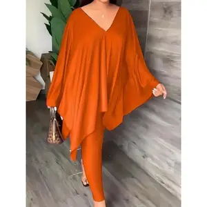 Women's Solid Asymmetrical Hem Cloak Sleeve Top & Skinny Pants Set, Elegant Fashion Casual Deep V Neck Cape Coat & Leggings for Daily Outdoor Wear, Women's Clothing for Spring & Fall, Womenswear