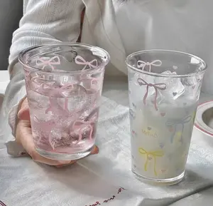 Avery Anderson 2-Piece Glass Cups Set Pink Bow Printed Tumbler for Juice Water Cocktails Coffee Espresso Iced Coffee Cup for Afternoon Tea Gathering 3.5 & 3 Inches Capacity Easy Clean Wear-Resistant Glass Colorful Drinkware
