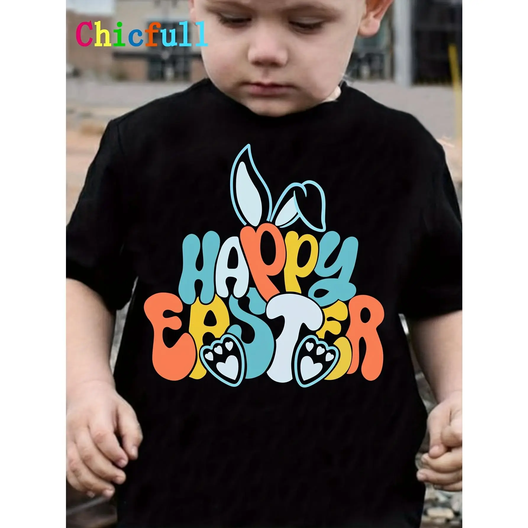 Boys' Happy Easter Bunny Ears Print T-Shirt - Colorful Casual Crew Neck Tee, Soft Polyester, Machine Washable, Spring/Summer Youngsters' Top, Spring S
