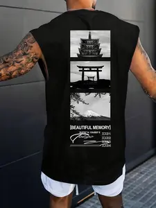 Men's Wide Shoulder Vintage Sleeveless Vest, Landscape Graphic Print, Casual Summer Vacation Festive Party Wear, Daily Wear Top