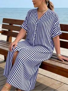 Elegant Women's Classic Vertical Striped Dress, V-Neck Button-Up Midi Skirt, Loose Fit Casual Wear, Casual Fit Chic, Perfect for Daily & Special Occasions, Womenswear