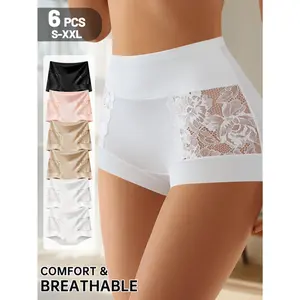 QUASTI 6PCS High-Waisted Lace Women's Panties, Elegant Lace Breathable Comfortable Design Panties Hip Lifting, High Elasticity Fit No Show Soft Underwear, Smooth Skin-friendly Womenswear Day Brief, Sizes S-XXL