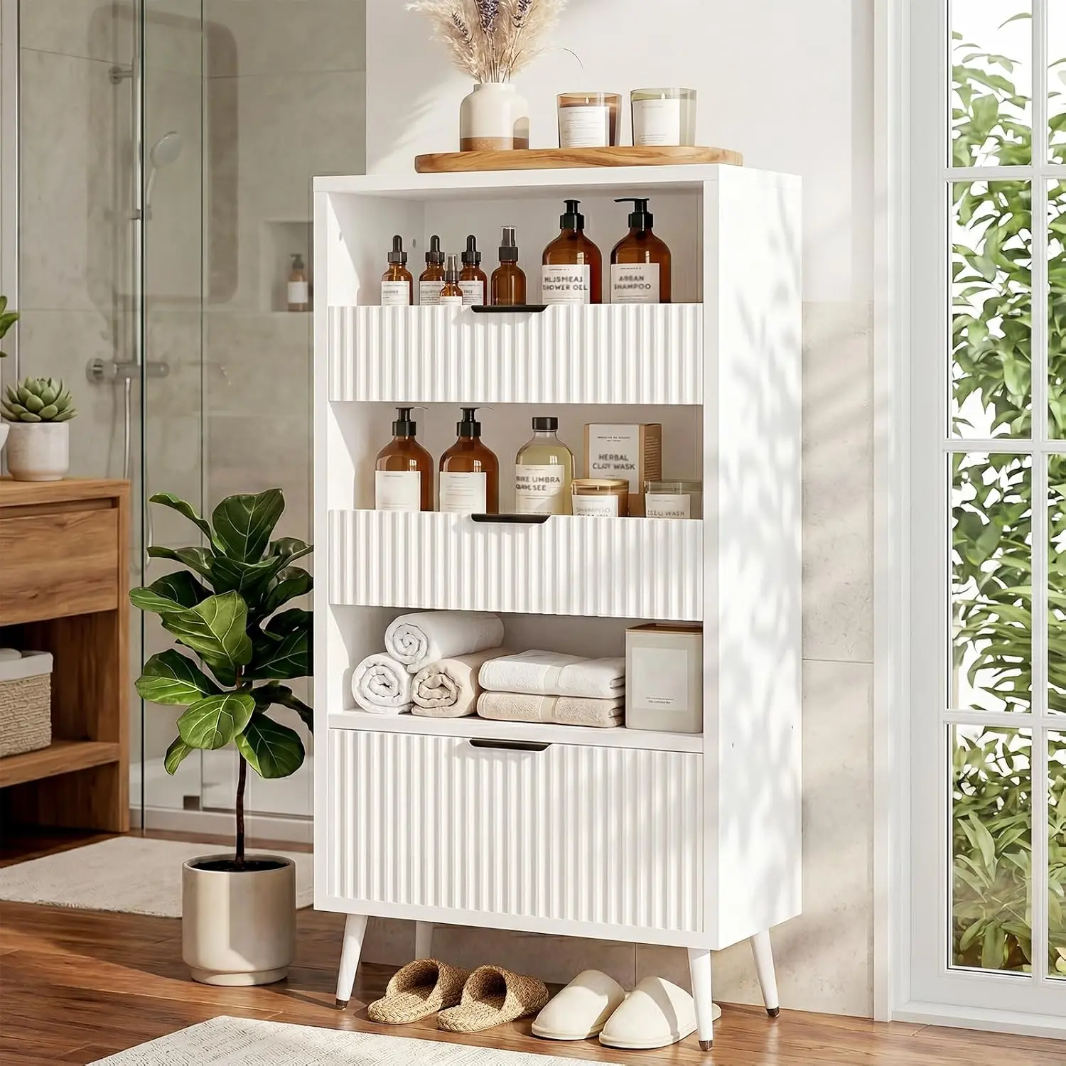 Cyclysio Freestanding Floor Cabinet - 51.2"h Sturdy Multifunctional Cupboard, 3 Open Display Storage Drawers, Modern Fluted Engineered Wood Compartments, Boutique Style Bath Storage Solutions, Indoor Furniture for Bathroom, Kitchen