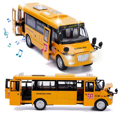 Crelloci Large Yellow Diecast Metal School Bus Toy - Pull-Back Function, Lights, Sound Effects, Openable Doors, 9 Model Cars, BPA-Free, Children Development, 3x AG13 Button Batteries - Christmas Gift for 3-4 Years Girls, Diecast Metal Car Included