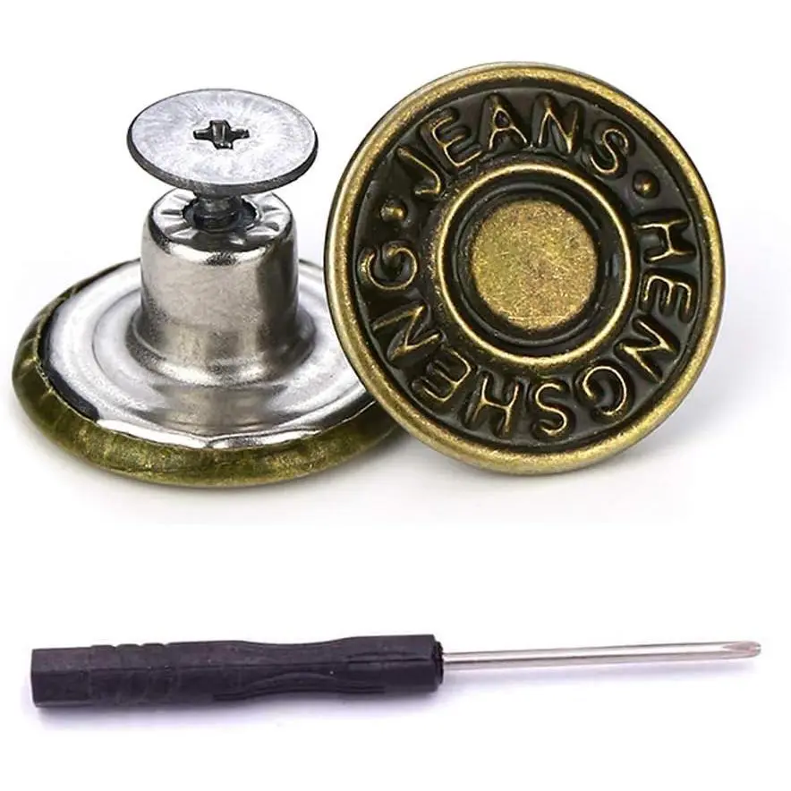 15 Sets Replacement Jeans Buttons, 17mm No-Sew Nailess Removable Metal Jeans Button Replacement Repair Combo Thread Rivets and Screwdrivers