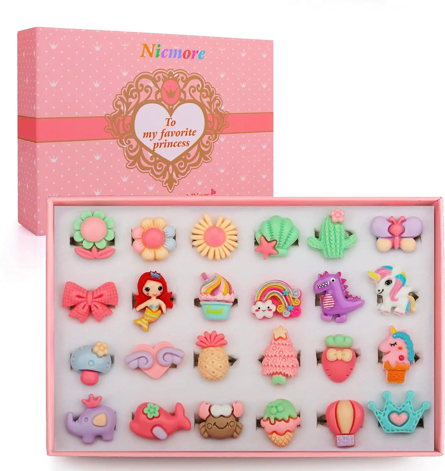 Nicmore Pretend Play Adjustable Rings Kids, Jewelry Rings for Girl Gifts | 24 PCS in Box, Cute Ring Toys for Kid and Dress Up No Duplication