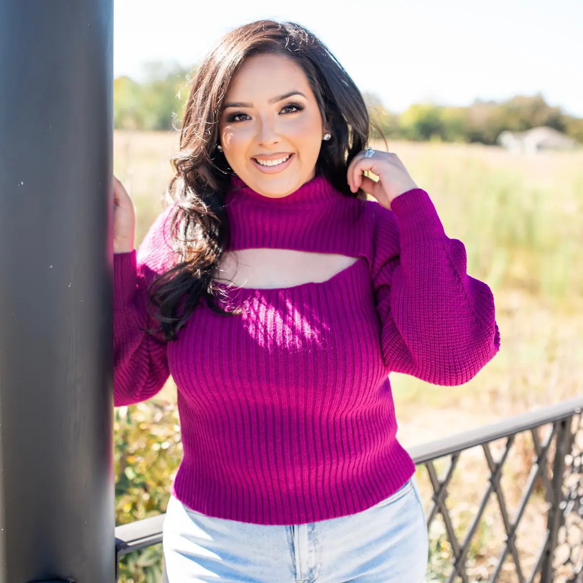 Cut Out Turtleneck Sweater-Magenta