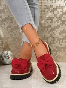 Women's Fashion Bow Loafers, Flat Walking Shoes, Fashionable Flats, All-Season, Plain Pattern, Casual Style, PU Leather, Rubber Sole, Spring & Fall