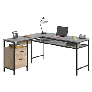 Market Commons L-Shaped Desk with Spacious Top Surface & Two Drawers for Home Office, Gaming, or Study Areas - Oak Finish with Gray Accents