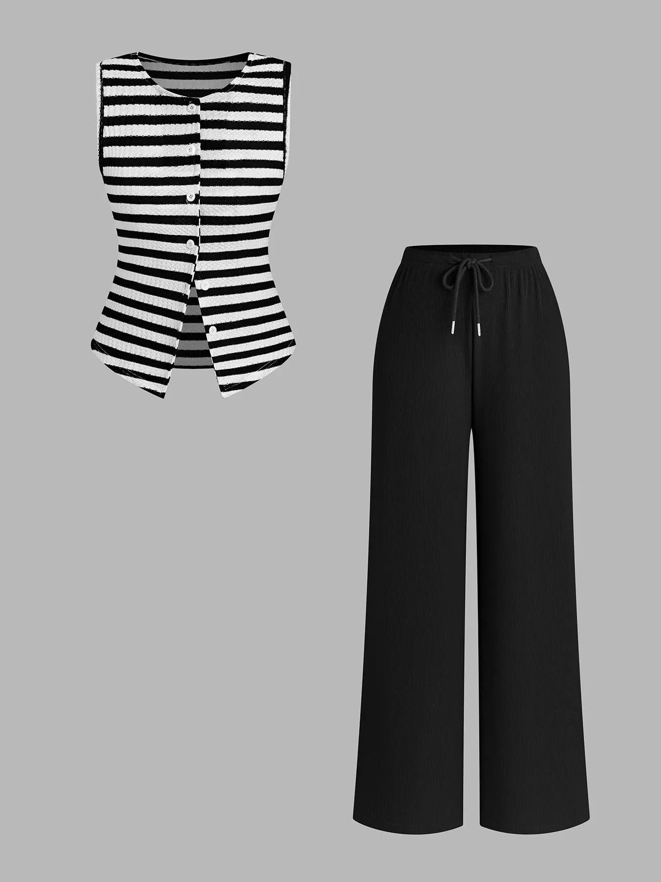 Women's Striped Sleeveless Vest & Wide Leg Pants Set, Casual Vintage Style Slimming Design, Elastic Knit Fabric, Perfect for Summer