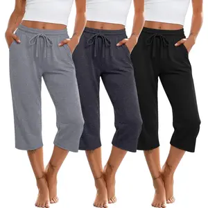 3 Pack Women's Capri Sweatpants Drawstring Lounge Capris Wide Leg Cropped Pants with Pockets Workout Yoga JoggersAB20Lumora Living