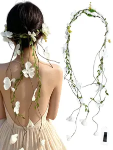 Women's Boho Flower Tassel Hairband, Elegant Vine Woven Floral Crown, Soft Forest Style Bride Bridesmaid Headpiece, Comfortable Photo Accessory