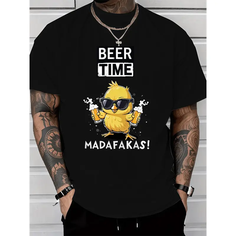 Men’s Graphic T-Shirt – Light and Fun 'Beer Time' Chicken Print for Summer Comfort