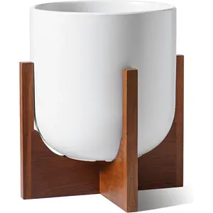 10 Inch  Pot with Acacia  Stand, Ceramic Planters for Indoor ,   Pots Indoor for Home Decor, Mid-Century Modern Pots for  with Drainage Ho and Plug, White
