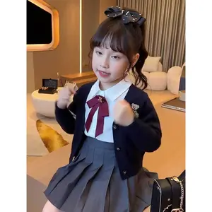 Girls' British 3pcs Set:-Embroidered Cardigan, White Shirt Collar Inner Top & Pleated Skirt with Wine Red Bow Tie - JK Uniform Outfit School, Casual & Casual Attire|  /Fall Season, Non-Stretch, Classic Fit