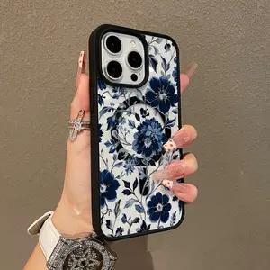 Trendy Magnetic Case for iPhone11/12/13/14/15/16/17/promax Magnetic Ready, Ultra Thin & Shockproof | Cute Pick for Girls Navy Blue Floral Pattern