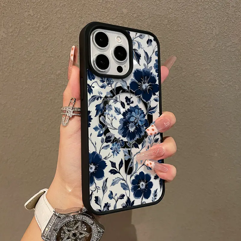 Magnetic TPU Smartphone Casing Protector for iPhone 11-17 Pro Max, Ultra-Thin Shockproof Navy Blue Flower Accessory with Camera Protection for Girls