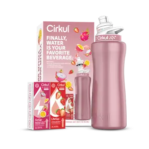 Cirkul 32oz. Rose Gold Metallic Stainless Steel Water Bottle Starter Kit with Blue Lid, 2 Flavor Cartridges (1 LifeSip Strawberry and 1 GoSip Passion Fruit Dragon Fruit), Zero Calories and No Sugar