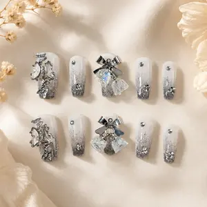 Grey White Christmas Bell Coffin Press-On Nails