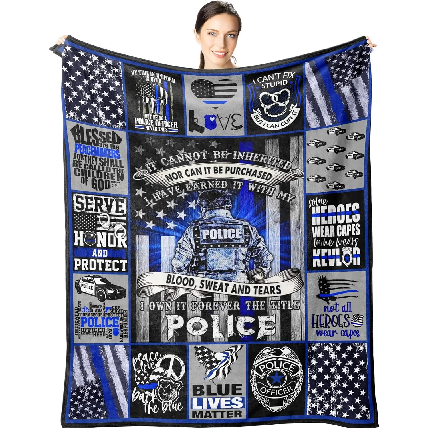 Police Gifts - Blue Lives Matter 60"x50" Blanket - Thin Blue Line Presents - Police Retirement Birthday Gift Ideas for Men- Cop Academy Graduation Present - Gifts for Cop Officer Stuff, Printed on One Side with a Plain White Back, Halloween Thanksgiving C