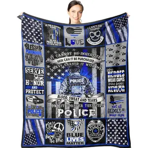 Police Gifts - Blue Lives Matter 60"x50" Blanket - Thin Blue Line Presents - Police Retirement Birthday Gift Ideas for Men- Cop Academy Graduation Present - Gifts for Cop Officer Stuff, Printed on One Side with a Plain White Back, Halloween Thanksgiving C