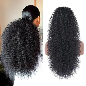 27 Inch Drawstring Ponytail Extension for Black Women Deep Curly Ponytail Extension Synthetic  with Human Hair Hairpieces Afro Kinky Curly Pony Tail for Daily Use (Black)