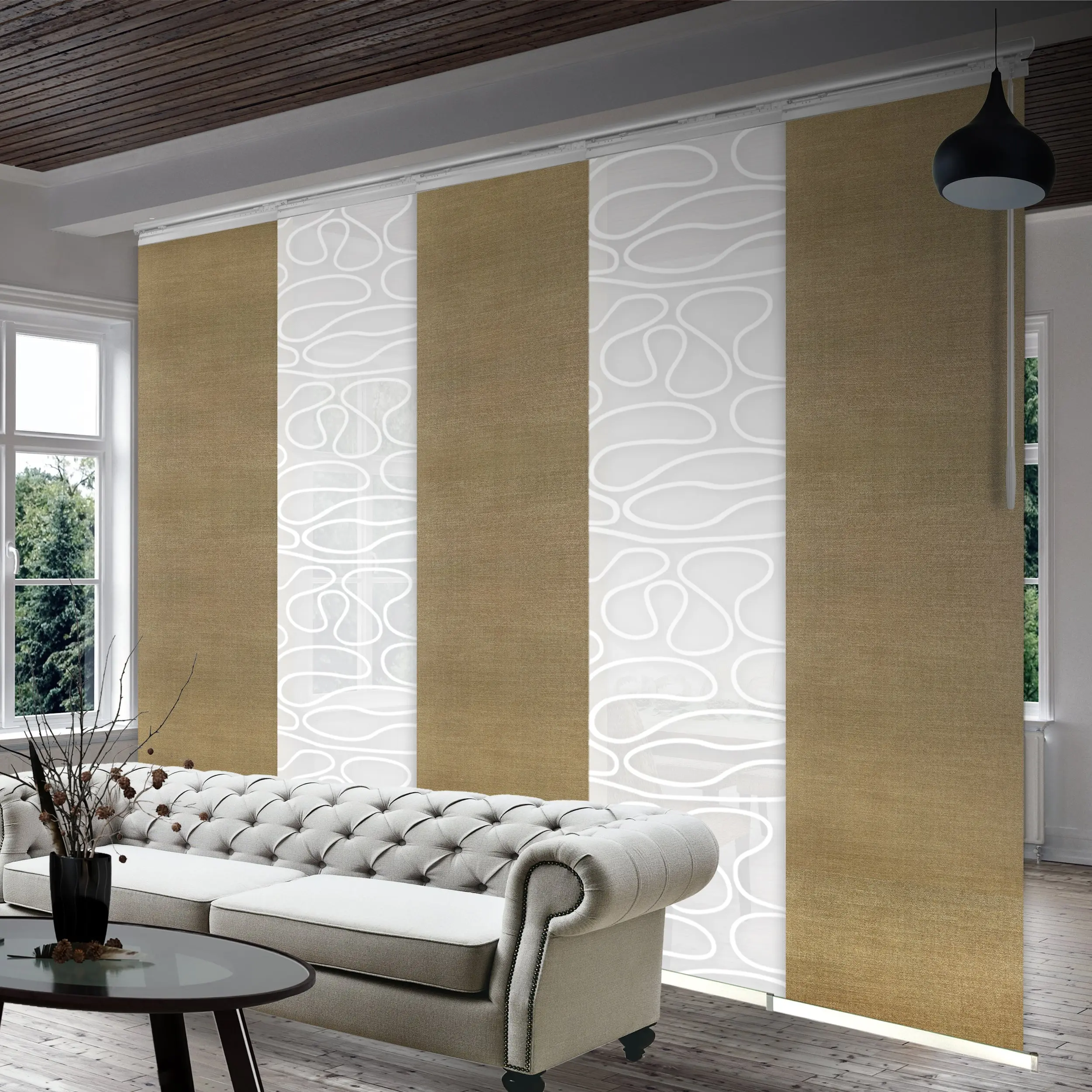 5-Panel Single Rail Panel Track Blind Extendable 58"-110"W x 91.4"H, Panel width 23.5", Whirl White, Canary
