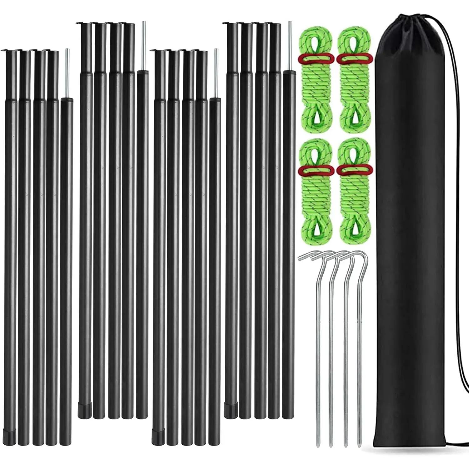 Adjustable Steel Tent Poles with Spring Hooks, Lightweight Wear-Resistant Tarp Canopy Camping Replacement Set Including Pegs & Reflective Ropes, Tarps & Awns, 1.98 Lbs, Canopy Tent Accessories, Portable Outdoor Tent Accessories