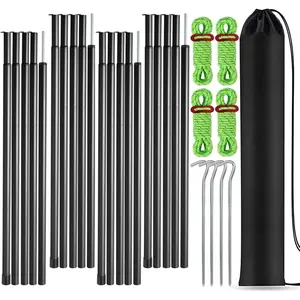 Tent Poles Adjustable Tarp Poles Steel Rods for Tarp Canopy Camping Replacement Set of Pegs & Reflective Ropes