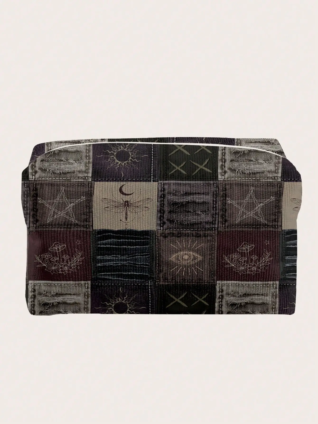 ROMWE Fairycore Vintage Velvet Cosmetic Bag – Octagon Shape with Patchwork Pattern, Stylish Makeup Organizer for Travel and Daily Use