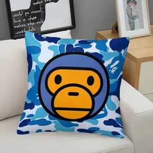 BAPE Baby Milo Blue Camo Plush Cushion with Inner, 45cm Square Zippered Pillow Throw, Blue-White Camouflage with Large Cartoon Monkey Image, Soft & Cozy, soft cushions, Perfect for Bedroom Decor, Ideal Gift for Kids & Adults