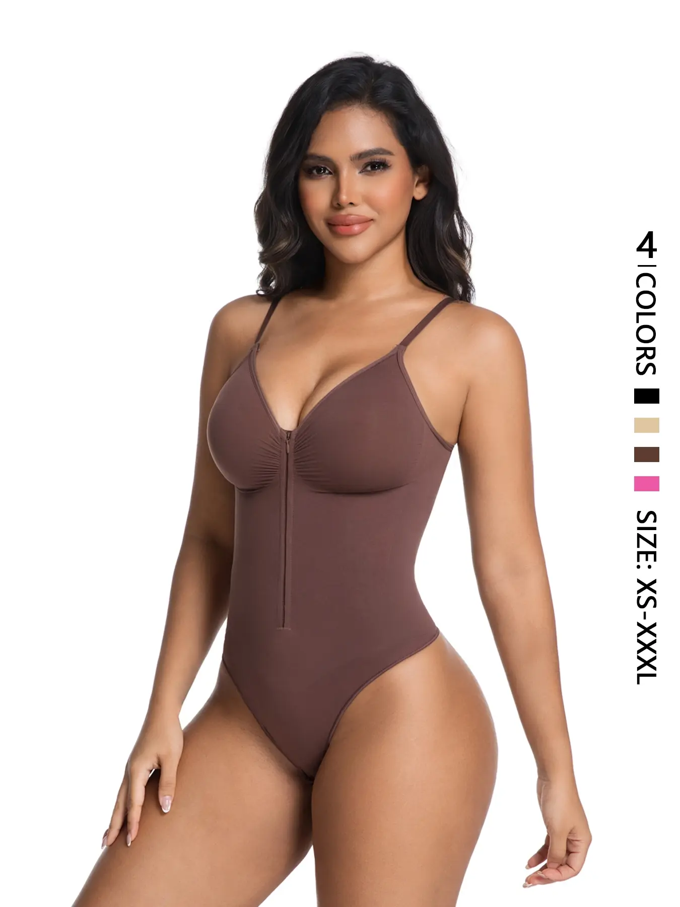 Women's Seamless Shapewear Bodysuit, Front Zipper Design, V-Neck Thong Design, Push-Up, Tummy Control & Compression, Comfortable Casual Sexy Underwear for Multi-Scene Wear, All Seasons, Slimming Shaper with Zipper & Hook Closure, Body Shaping Underwear