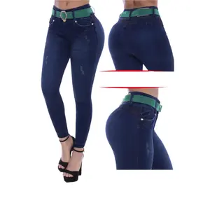 High Waist Blue Jeans with Belt, Compression Fabric, and Love for Women's Wear