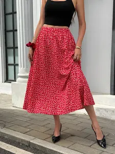 Vintage Red Ditsy Floral Flared Midi Skirt Cottagecore Red Floral Loose Midi Skirt Y2K Retro Red Floral Y2K Flared Midi Skirt