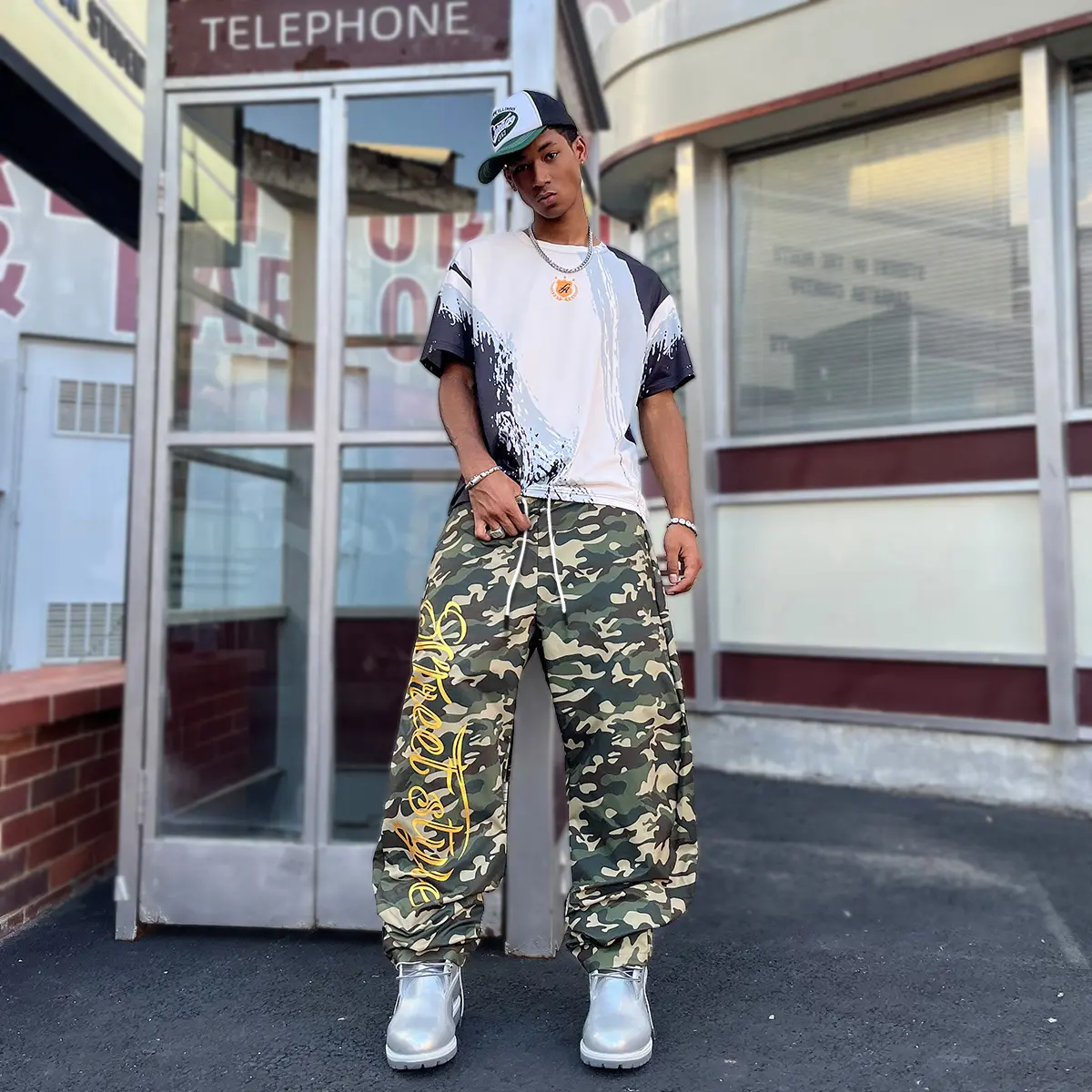 Woodland Jungle Camo Full Print Golden Cursive Street Style Script Drawstring Elastic Waist Straight Leg Track Pants Unisex Lightweight Loose Ankle Length Hip Hop Skate Street Casual Cargo Sweat Pants