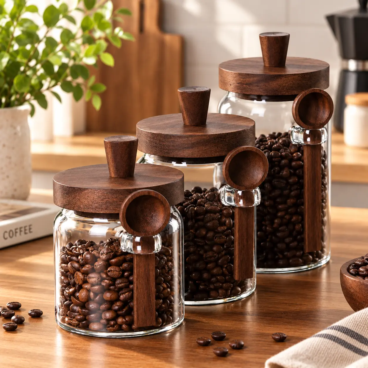 3 Pieces Glass Coffee Bean Storage Jars Set with Wooden Lids and Spoons, Airtight Food Storage Containers, Kitchen Pantry Organization, Home Storage Containers for Coffee Beans, Tea, Sugar and Dry Foods