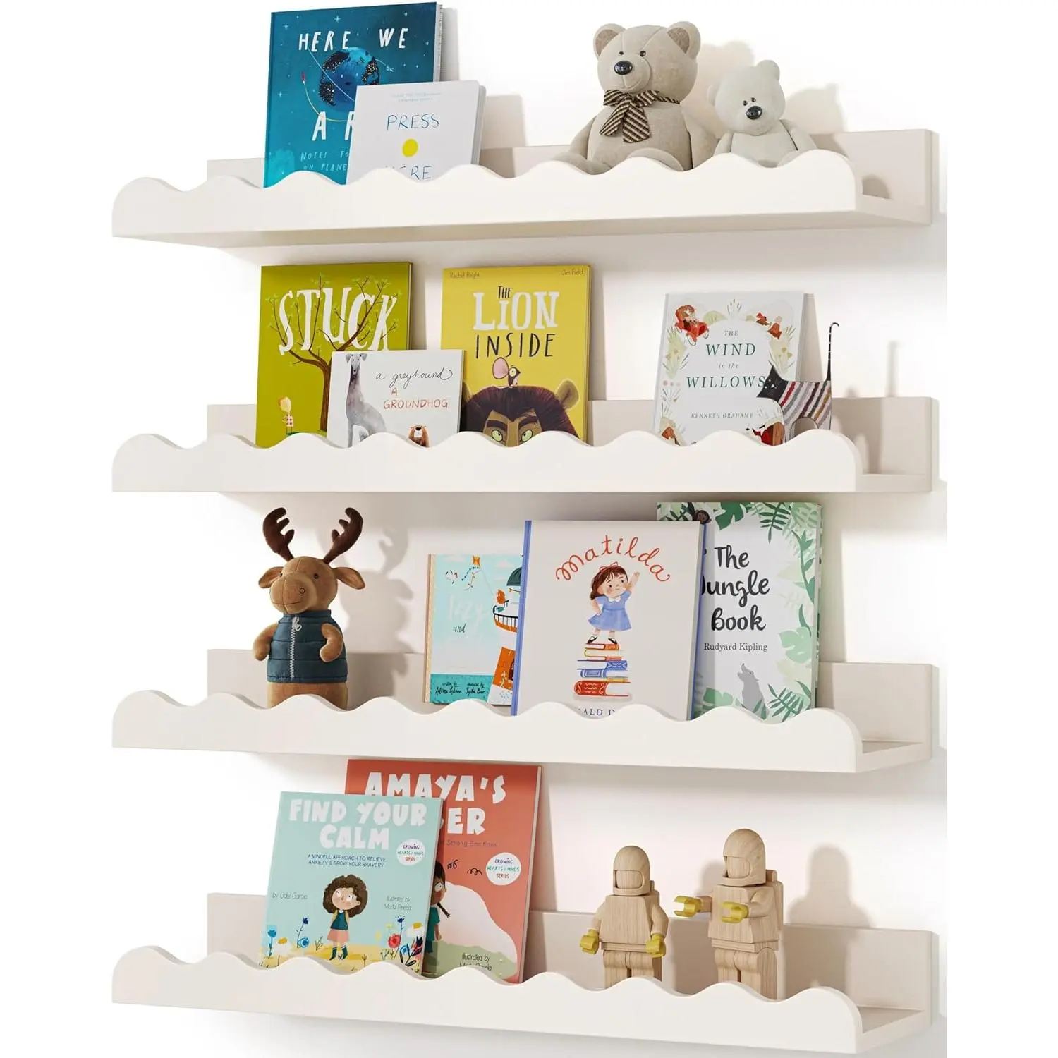 Children's White 4-Piece Wall-Mounted Floating Shelves Set - Nursery Decor, Kid Room Organizer for Book Storage, Decorating, Toy & Picture Display