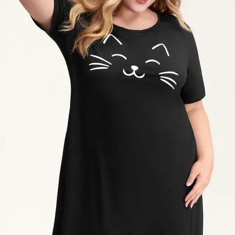 BloomChic Happy Cat Print Stretchy Contrast Nightgown 【M-6XL】