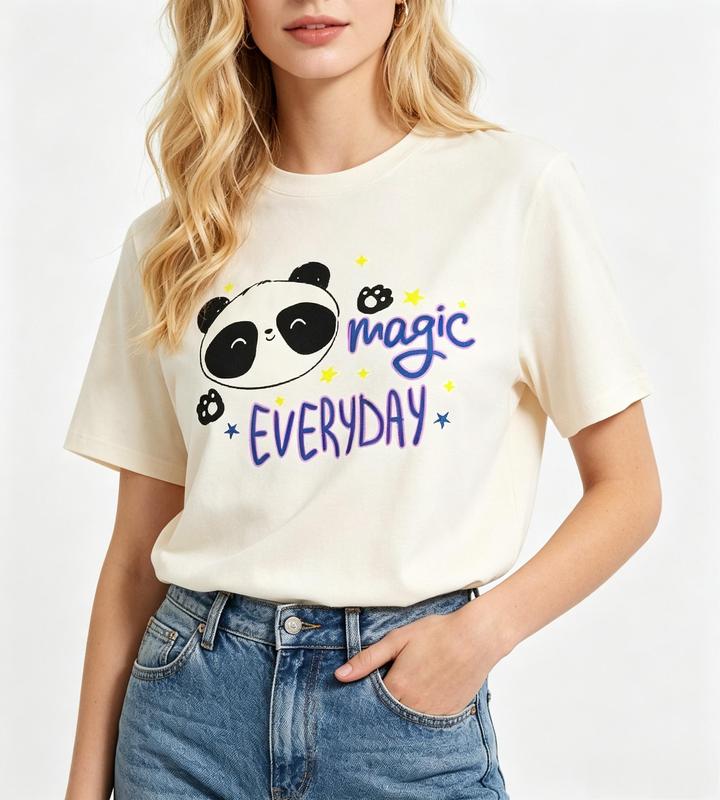Women's Fitted Cut Crew Neck Short-Sleeve Pure Cotton Breathable Graphic Print Tee - Beige, Panda Face, Star Paw Print, Cute Casual Everyday Top