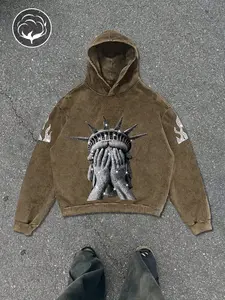 Dark Style Distressed Hoodie, Cotton Fabric Comfortable Warmth, Freedom Goddess Graphic, Fitted Casual Fall & Winter Wear